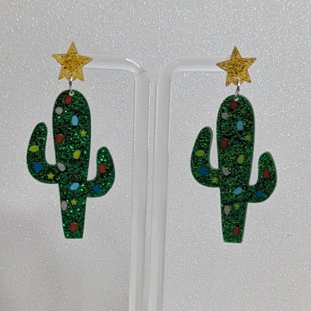 Cactus Christmas Decoration Multi Color Bulbs Glitter Drop Earrings - Picture 2 of 6